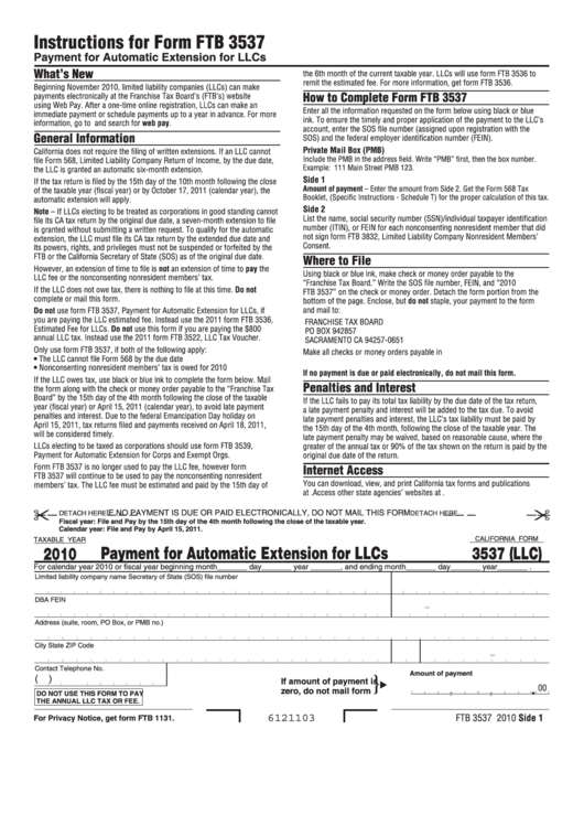 Fillable California Form 3537 (Llc) - Payment For Automatic Extension For Llcs - 2010 Printable pdf