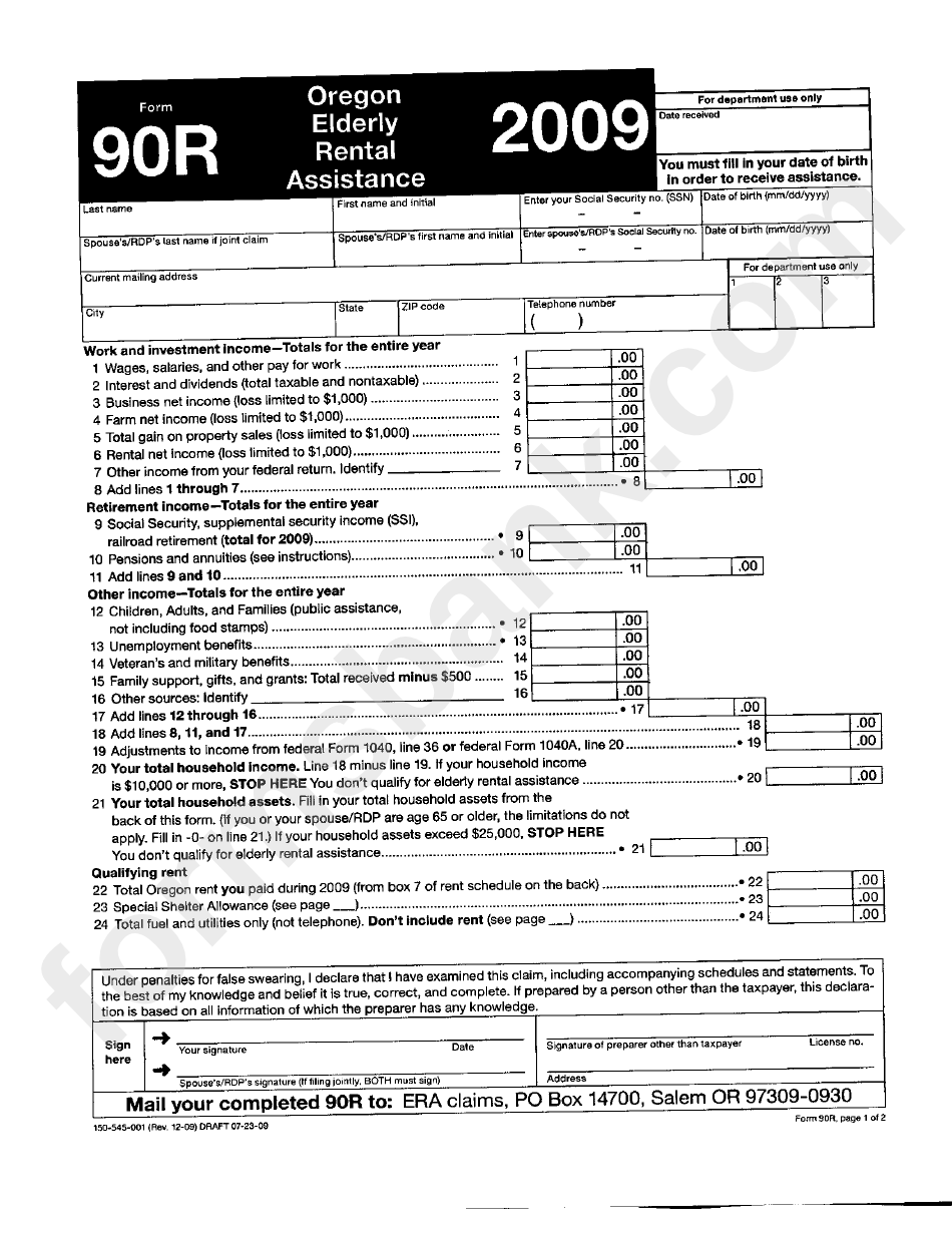 Form 90 R - Oregon Elderly Rental Assistance - 2009