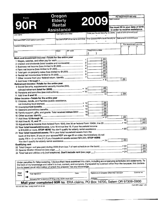 Form 90 R - Oregon Elderly Rental Assistance - 2009 Printable pdf