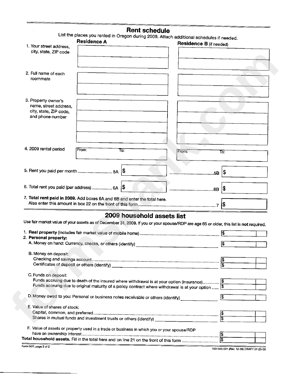 Form 90 R - Oregon Elderly Rental Assistance - 2009
