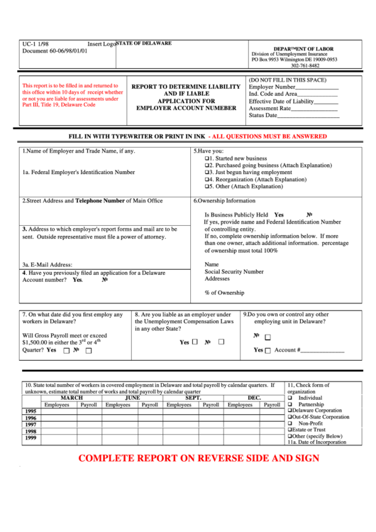Form Uc-1 - Report To Determine Liability And If Liable Application For Employer Account Numeber