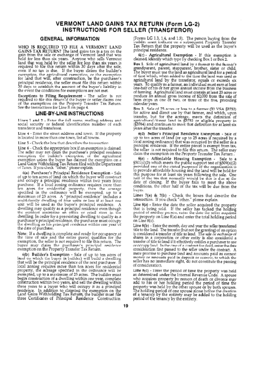 Vermont Land Gains Tax Return (Form Lg-2) Instructions For Seller (Transferor) Printable pdf