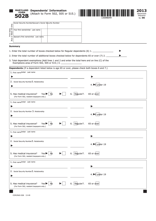 Fillable Maryland Form 502b - Dependents