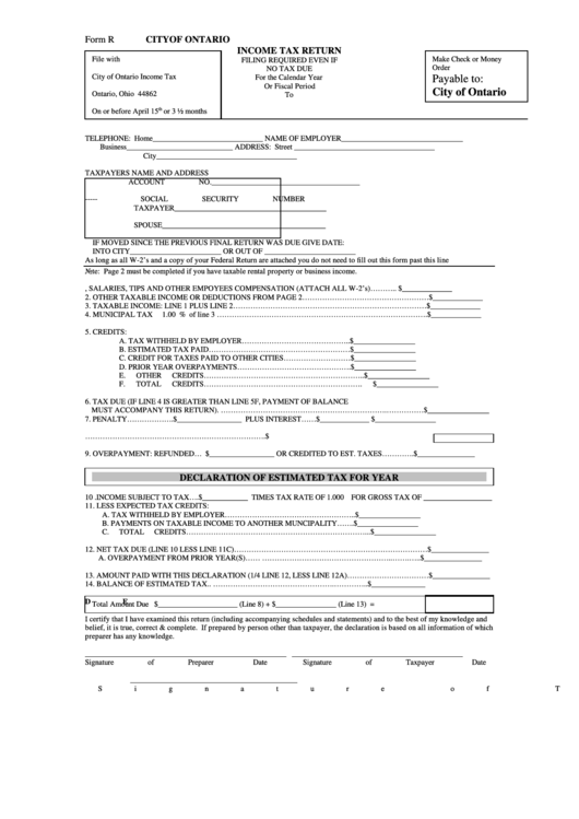 Form R - Income Tax Return - City Of Ontario Printable pdf