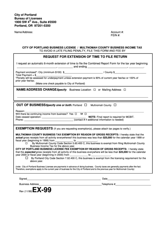 Form Ex-99 - Request For Extension Of Time To File Return - 1999 Printable pdf