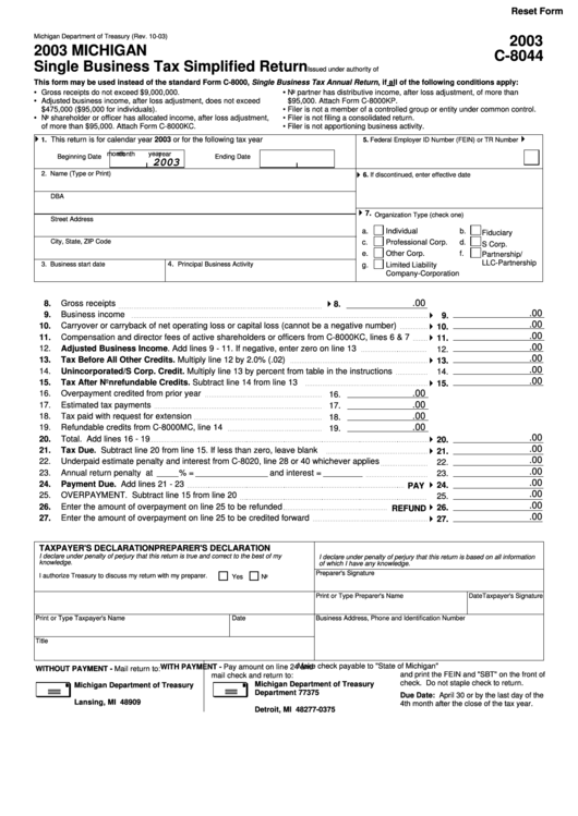 Fillable Form C-8044 - Michigan Single Business Tax Simplified Return - 2003 Printable pdf