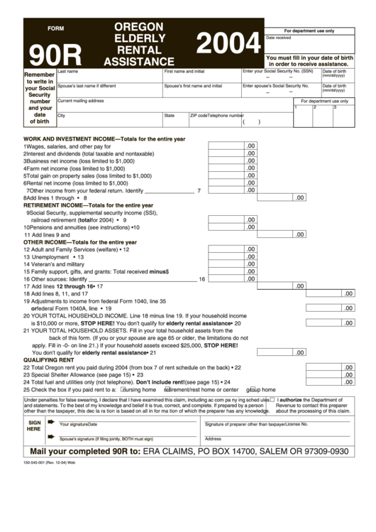 Fillable Form 90r - Oregon Elderly Rental Assistance - 2004 Printable pdf