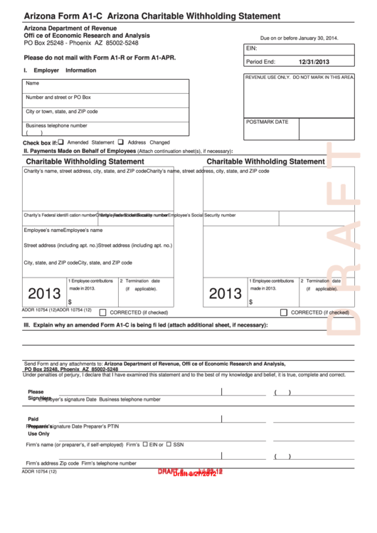Arizona Form A1-C - Arizona Charitable Withholding Statement - 2013 Printable pdf