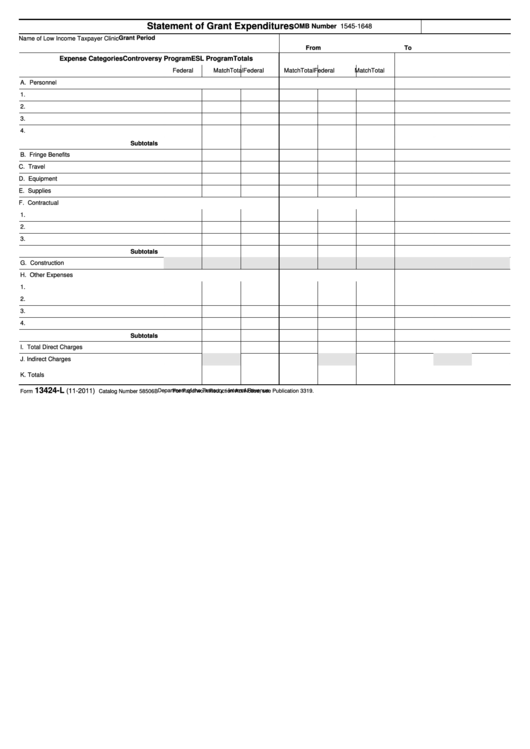 Fillable Form 13424-L - Statement Of Grant Expenditures Printable pdf