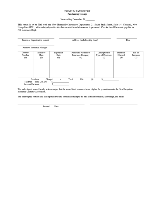 Premium Tax Report Purchasing Groups - New Hampshire Insurance Department Printable pdf