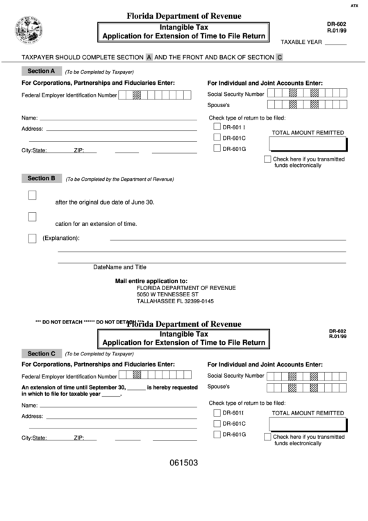 Fillable Form Dr-602 - Intangible Tax Application For Extension Of Time To File Return Printable pdf
