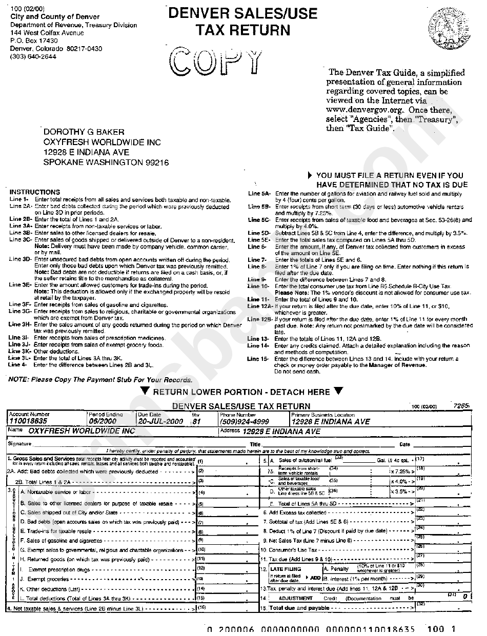 Form 100 - Denver Sales/use Tax Return
