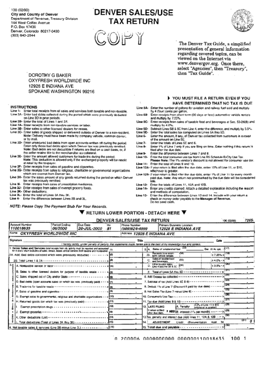 Form 100 - Denver Sales/use Tax Return Printable pdf