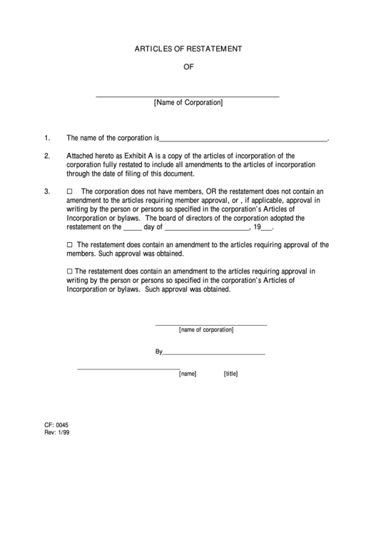Form Cf: 0045 - Articles Of Restatement Printable pdf