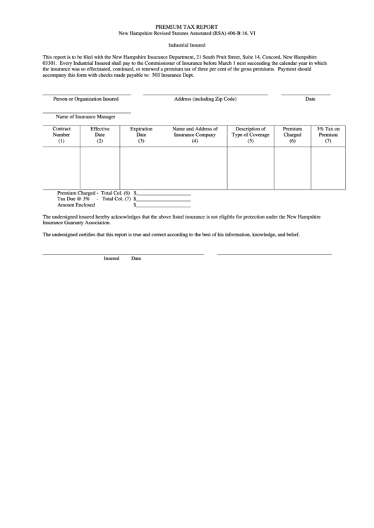 Premium Tax Report Industrial Insured - New Hampshire Insurance Department Printable pdf