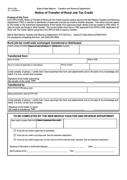 Form Rpd-41365 - Notice Of Transfer Of Rural Job Tax Credit Printable pdf