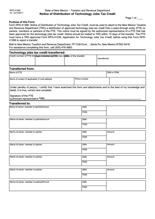 Form Rpd-41368 - Notice Of Distribution Of Technology Jobs Tax Credit Printable pdf