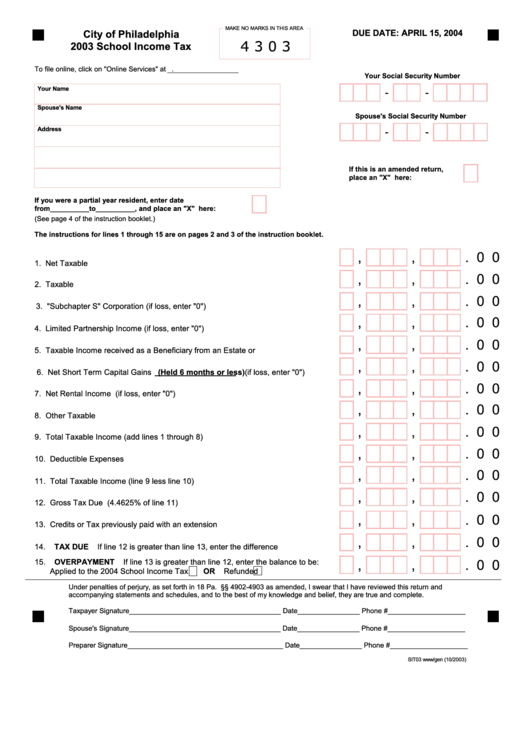 School Income Tax City Of Philadelphia 2003 Printable Pdf Download