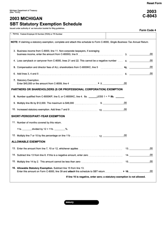 Fillable Form C-8043 - Michigan Sbt Statutory Exemption Schedule - 2003 Printable pdf