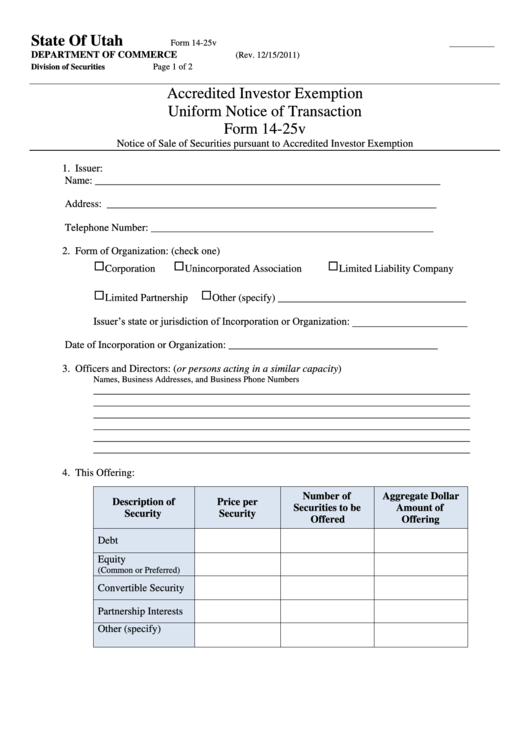Form 14-25v - Accredited Investor Exemption Uniform Notice Of Transaction Printable pdf