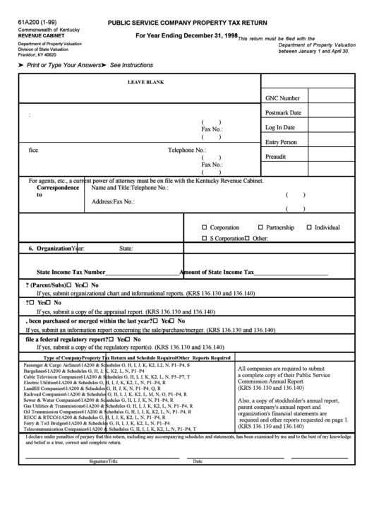 Fillable Form 61a200 - Public Service Company Property Tax Return - 1998 Printable pdf