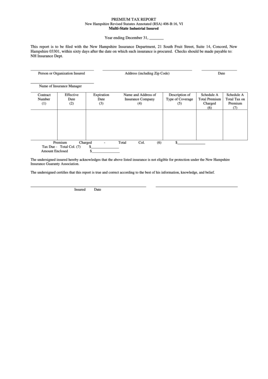 Premium Tax Report Multi-State Industrial Insured - New Hampshire Insurance Department Printable pdf