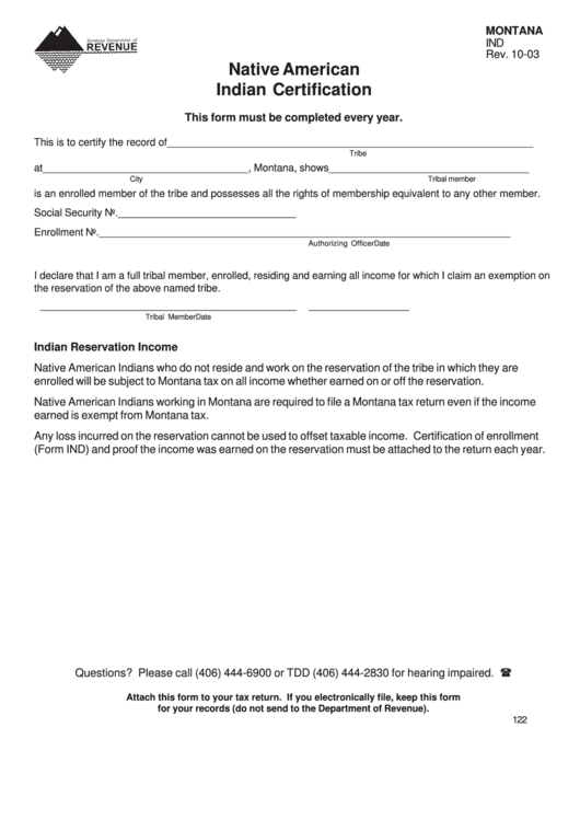 Fillable Form Ind - Native American Indian Certification Printable pdf