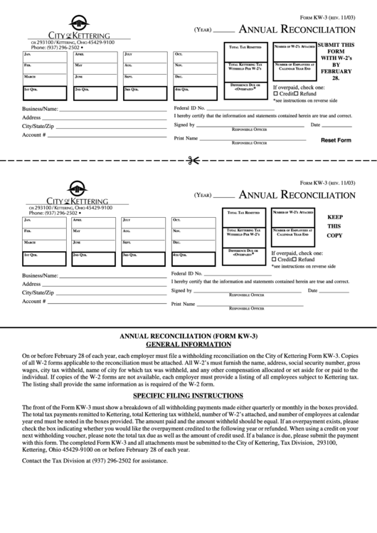 Fillable Form Kw 3 Annual Reconciliation Printable Pdf Download