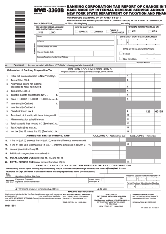 Form Nyc-3360b - Banking Corporation Tax Report Of Change In Tax Base Made By Internal Revenue Service - 2014 Printable pdf