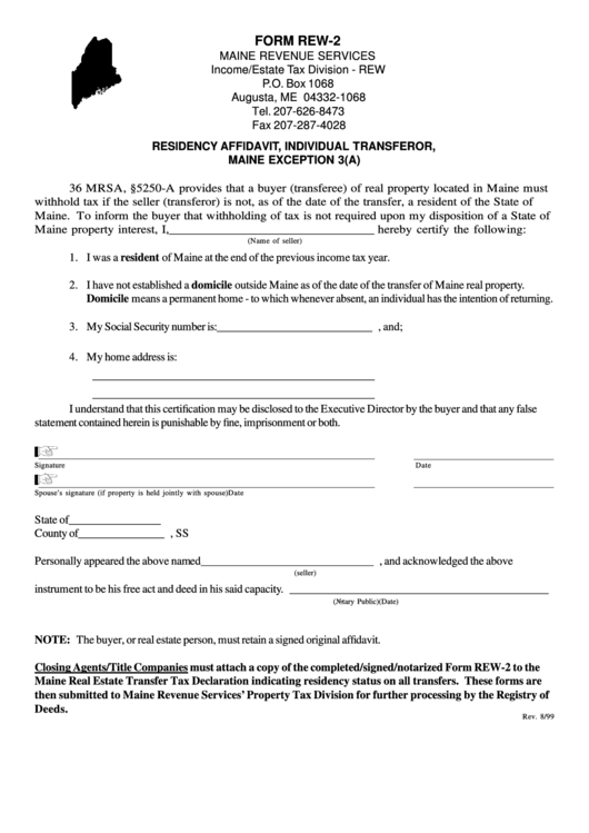 Form Rew-2 - Residency Affidavit, Individual Transferor, Maine Exception 3(A) - 1999 Printable pdf