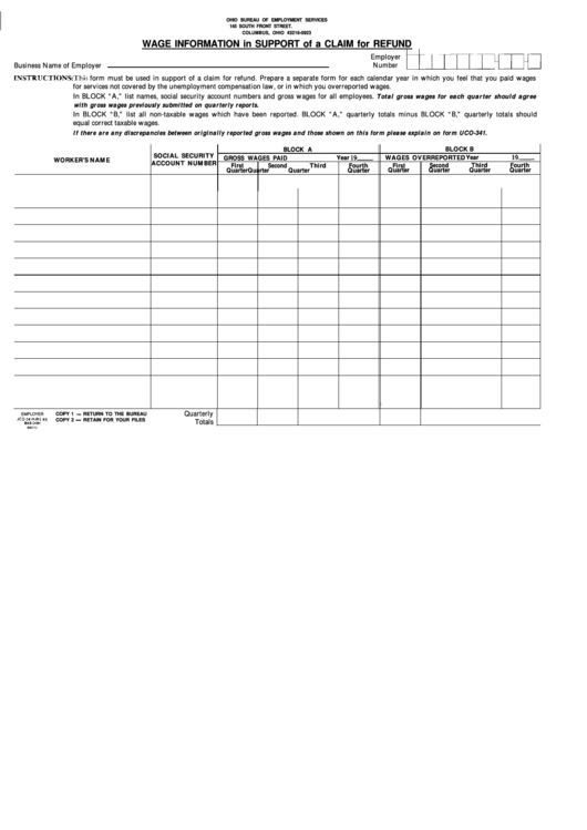 Form Uco-341a - Wage Information In Support Of A Claim For Refund Printable pdf