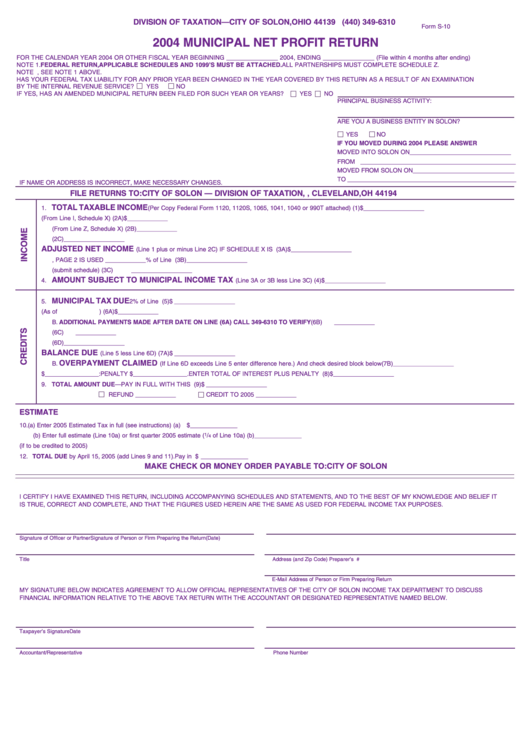 Form S-10 - Municipal Net Profit Return - 2004 Printable pdf