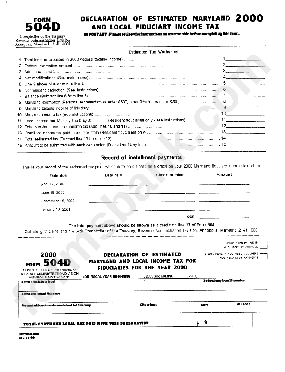 Form 504d - Declaration Of Estimated Maryland And Local Fiduciary Income Tax - 2000