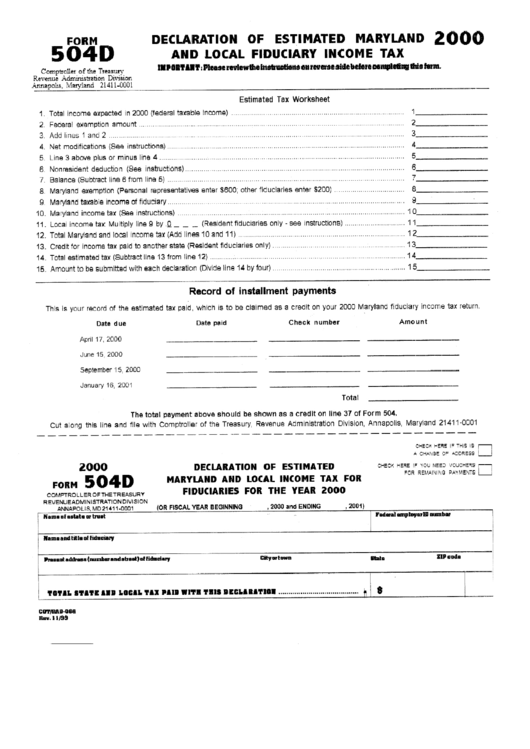 Form 504d - Declaration Of Estimated Maryland And Local Fiduciary Income Tax - 2000 Printable pdf