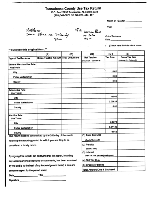 Use Tax Return Form - Tuscaloosa County Printable pdf