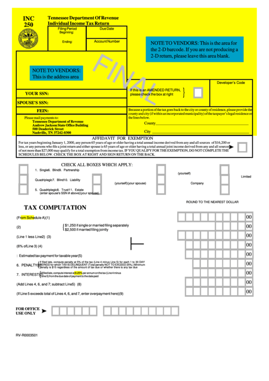 Form Inc 250 Draft - Individual Income Tax Return - 2001 Printable pdf