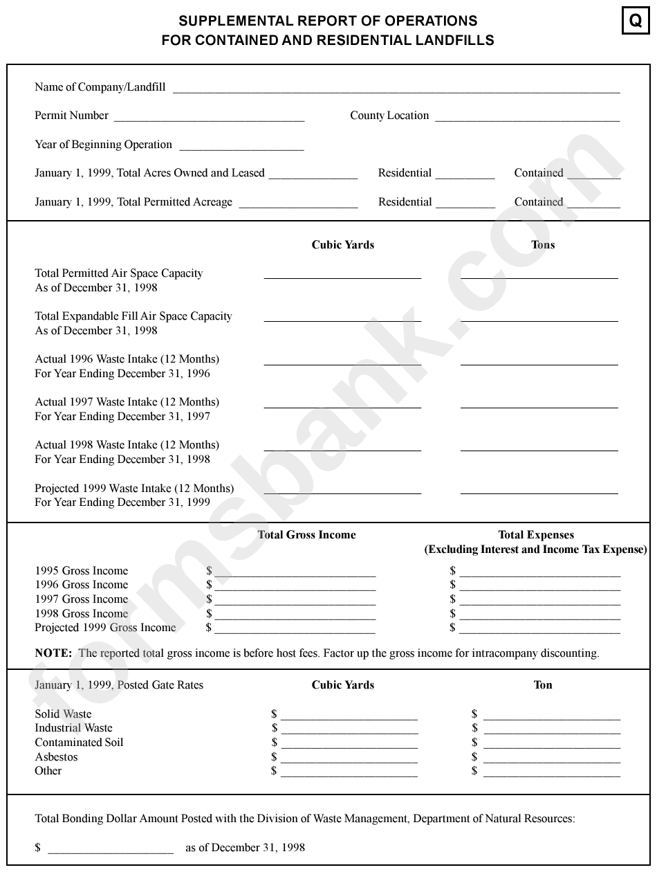 Fillable Form Q Supplemental Report Of Operations For Contained And Residential Landfills