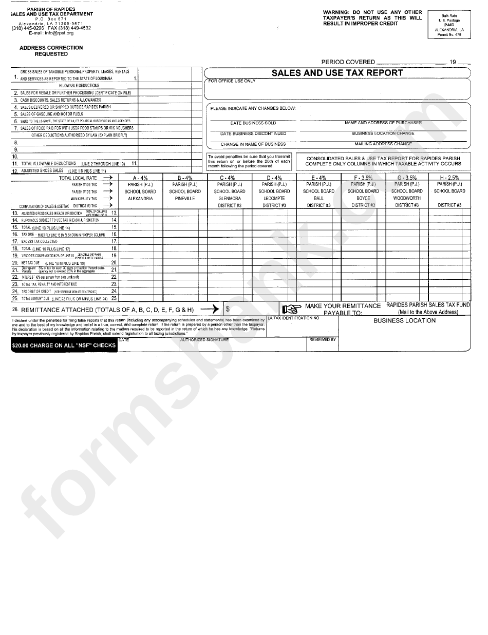 Sales And Use Tax Report Form - Parish Of Rapides Sales And Use Tax Department