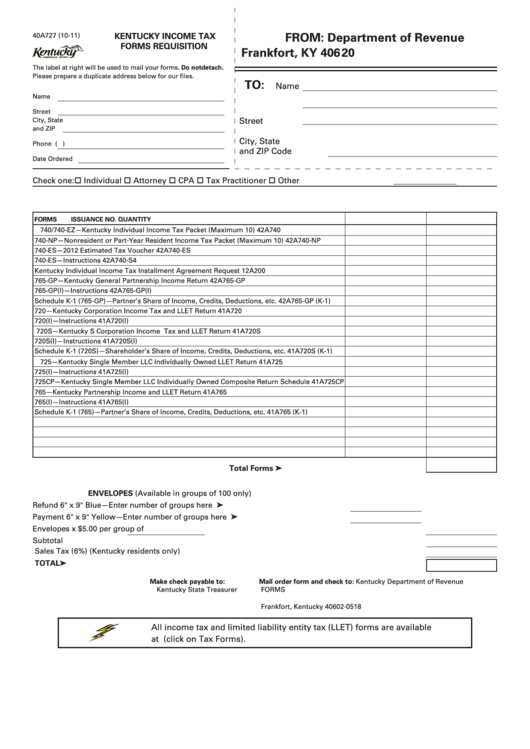 Form 40a727 - Kentucky Income Tax Forms Requisition - 2011 Printable pdf