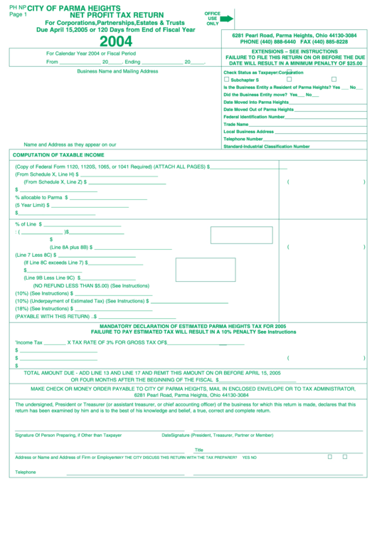 Form Ph Np - Net Profit Tax Return - City Of Parma Heights - 2004 Printable pdf