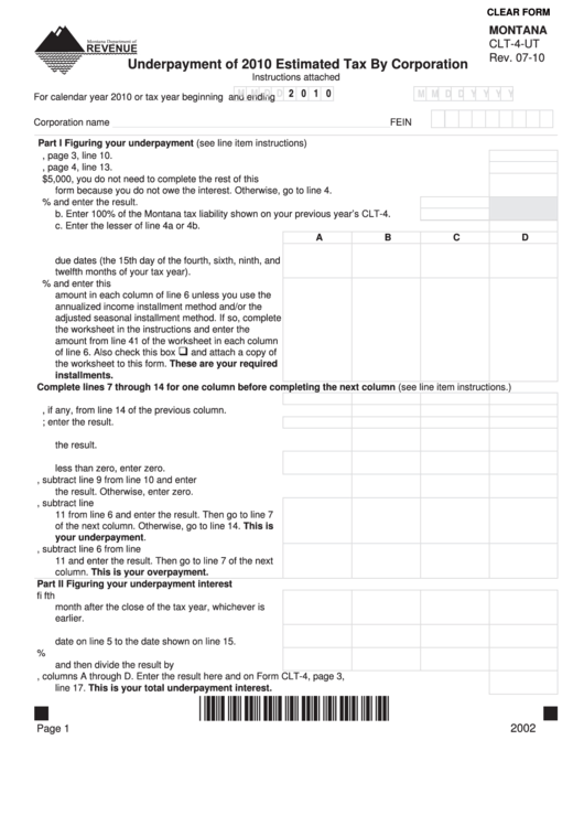 Fillable Montana Form Clt-4-Ut - Underpayment Of 2010 Estimated Tax By Corporation Printable pdf