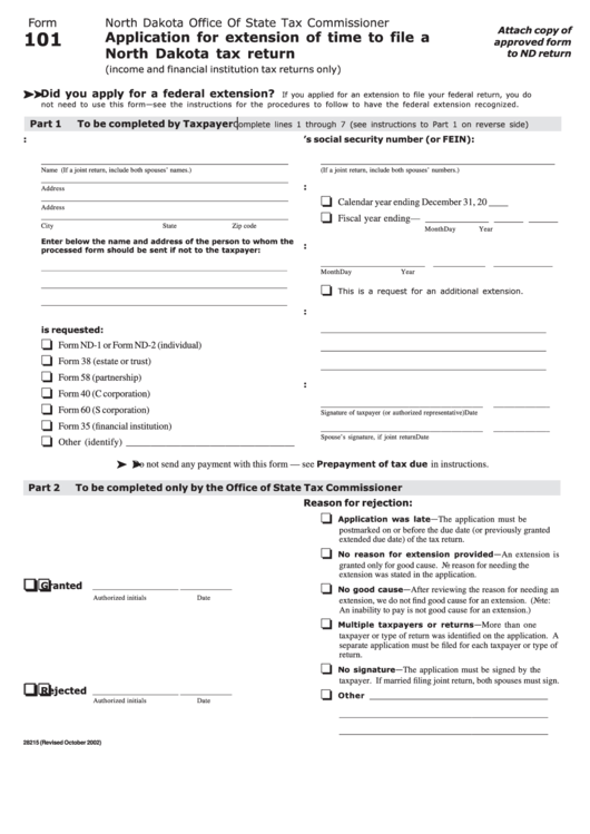 Form 101 - Application For Extension Of Time To File A North Dakota Tax Return - 2002 Printable pdf