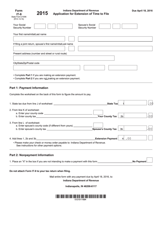 Form It-9 - Application For Extension Of Time To File - 2015