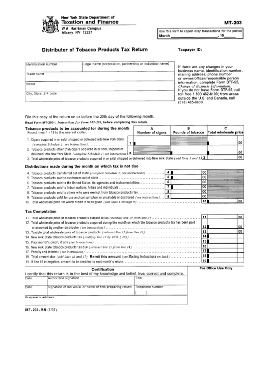 Form Mt-203 - Distributor Of Tobacco Products Tax Return Printable pdf