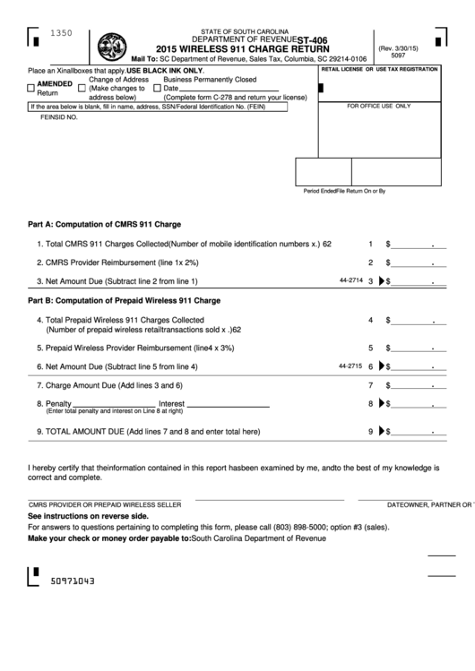 Form St-406 - Wireless 911 Charge Return - 2015 Printable pdf