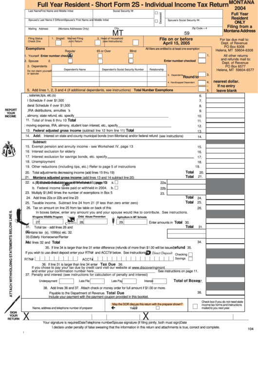Fillable Montana Short Form 2s - Individual Income Tax Return Full Year Resident - 2004 Printable pdf