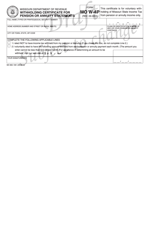 Form Mo W-4p Draft - Withholding Certificate For Pension Or Annuity Statements - 2010 Printable pdf