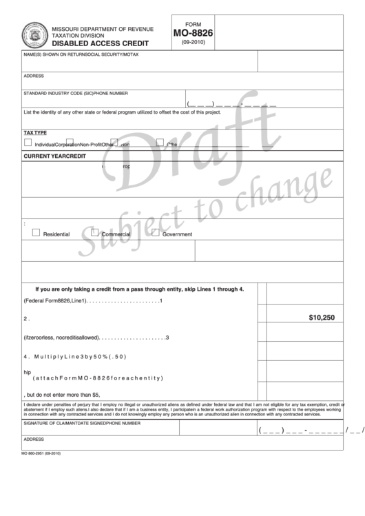 Form Mo-8826 Draft - Disabled Access Credit - 2010 Printable pdf