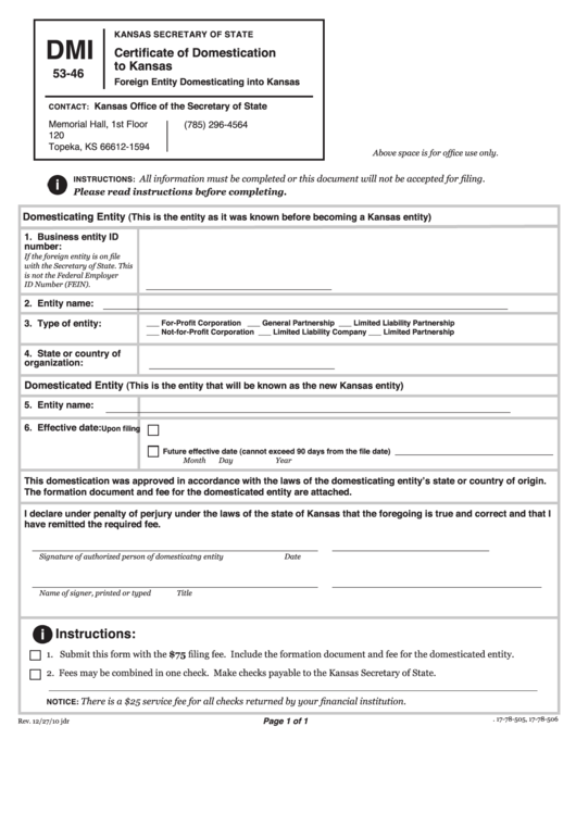 Form Dmi 53-46 - Certificate Of Domestication To Kansas - Kansas Secretary Of State Printable pdf
