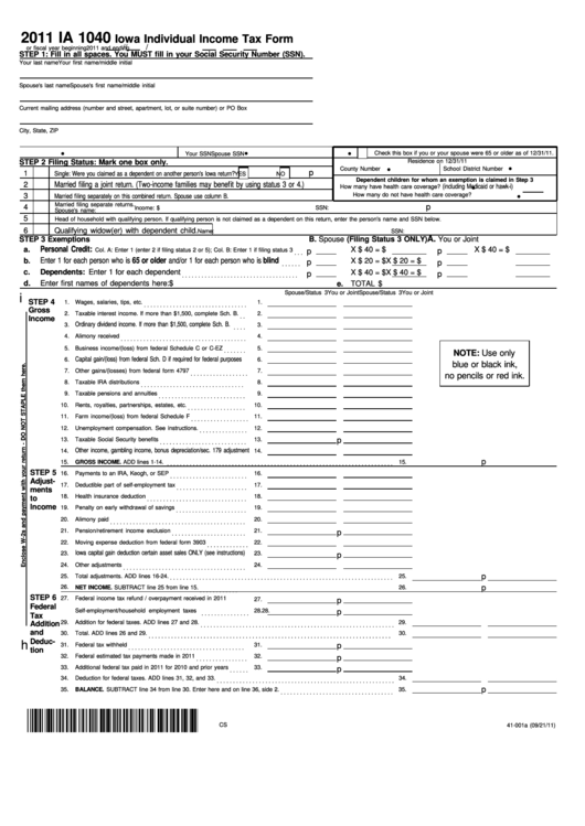 Form Ia 1040 - Iowa Individual Income Tax Form - 2011